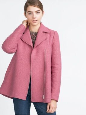 ZARA TRAFALUC Pink Textured Wool-Blend Zip-Up Coat - Small